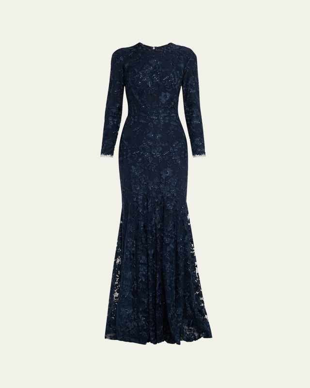 Floral Embroidered Tulle Long Sleeve Gown